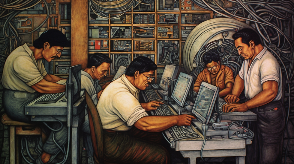 Midjourney: Software development in the style of Diego Rivera