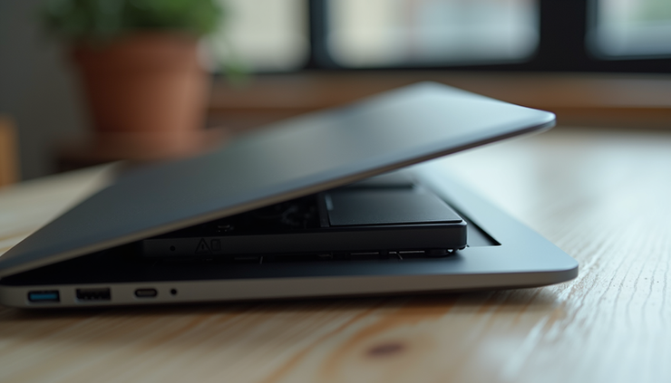 Seitenansicht eines Laptops mit geöffnetem Gehäuse und sichtbarer SSD