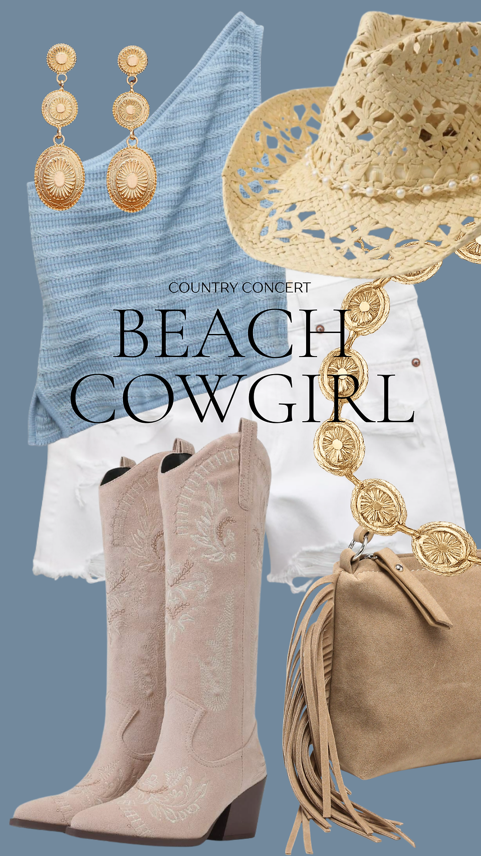 Beach cowgirl outfit inspiration featuring a blue tank top, white shorts, pink cowboy boots, straw hat, western jewelry, and a fringe crossbody bag.