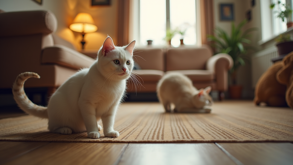 Eye-level view of a cozy cat lounge with playful cats and comfortable seating