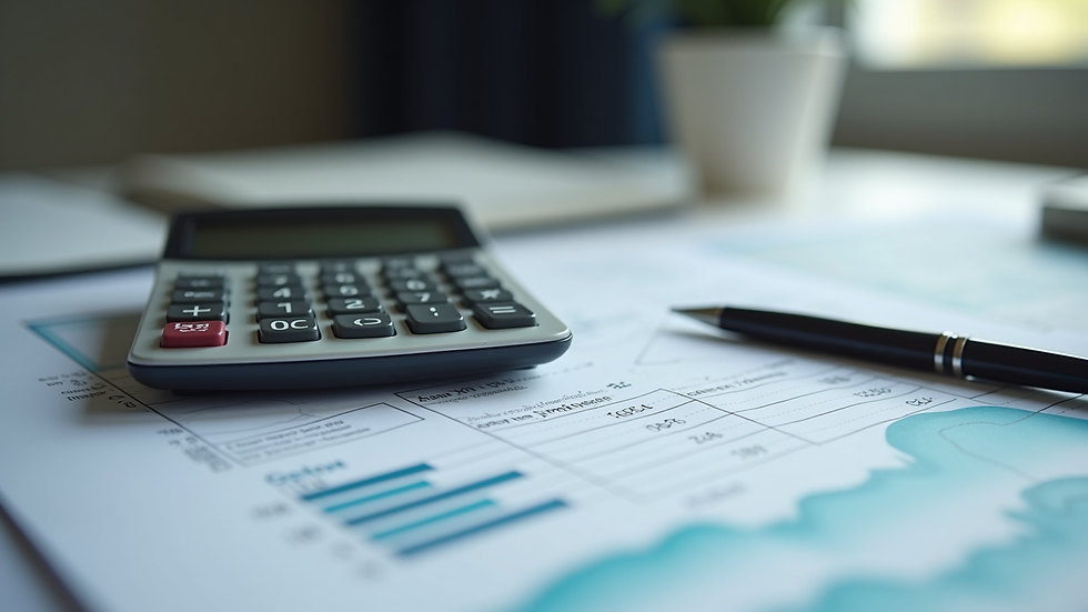 Close-up view of a calculator and financial documents on a desk