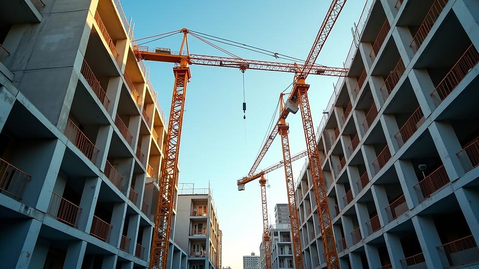 Eye-level view of a construction site with cranes and building framework