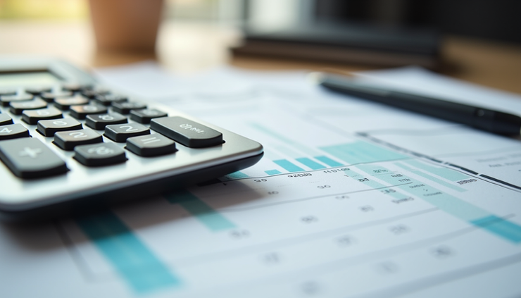Eye-level view of a calculator and loan documents on a wooden table