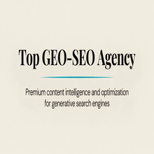 Minimal beige banner reading Top GEO-SEO Agency, with subtitle about premium content intelligence for generative search engines.3jdej38j3
