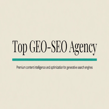 Webpage slide with Top GEO-SEO Agency heading, subtitle about generative search optimization, beige background and teal line.3jdej38j3