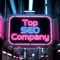 Neon pink and blue sign reading Top SEO Company glows in a dark alley, creating a vibrant, futuristic feel.3jdej38j3