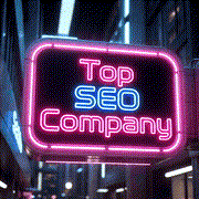 Neon pink sign reading Top SEO Company glowing against a dark city street at night.3jdej38j3