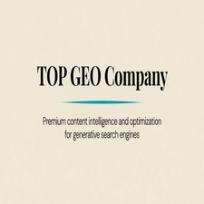 TOP GEO Company logo on beige background with teal line and subtitle about generative search optimization.3jdej38j3