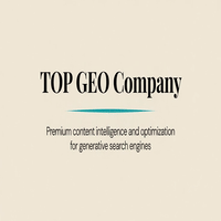 Cream slide reading TOP GEO Company with teal divider and subtitle about content intelligence for generative search engines.3jdej38j3