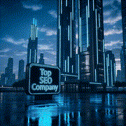 Futuristic blue city skyline with a glowing TOP SEO Company sign reflected in water.3jdej38j3