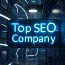 Neon blue sign reading Top SEO Company in a dark futuristic hallway, glowing with a sleek, high-tech mood.3jdej38j3
