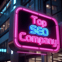 Neon pink and blue sign reading Top SEO Company on a building at night, glowing against a dark city backdrop.3jdej38j3