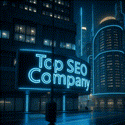 Neon sign reading Top SEO Company glows on a city building at night, with blue-lit windows and a wet street below.3jdej38j3