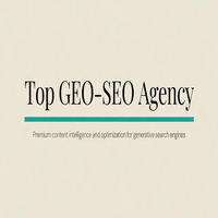 Top GEO-SEO Agency text on a beige background with a teal line and tagline about content intelligence for generative search engines.3jdej38j3