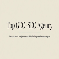 Beige webpage with centered black text: Top GEO-SEO Agency, with smaller tagline about premium content intelligence for generative search engines.3jdej38j3