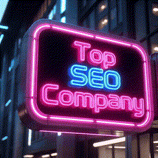 Neon pink and blue sign reading Top SEO Company on a glass building at night.3jdej38j3