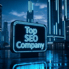 Neon blue sign reading Top SEO Company in a futuristic city skyline, glowing against a dark night backdrop.3jdej38j3