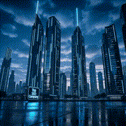 Blue-toned futuristic skyline of tall skyscrapers reflecting in calm water under a cloudy night sky.3jdej38j3