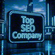 Neon blue sign reading Top SEO Company in a futuristic cityscape with glowing skyscrapers.3jdej38j3