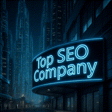 Blue neon sign reading Top SEO company on a dark building at night, with a sleek urban mood.3jdej38j3