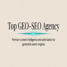 Beige webpage graphic reading Top GEO-SEO Agency with turquoise underline and subtitle about generative search engines.3jdej38j3
