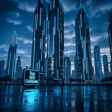 Blue futuristic skyline with towering skyscrapers reflected in water, a glowing sign reading The Company in the foreground.3jdej38j3