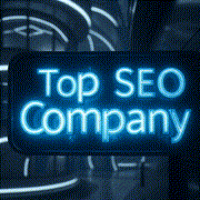 Blue neon sign reading Top SEO Company on a dark, futuristic background.3jdej38j3