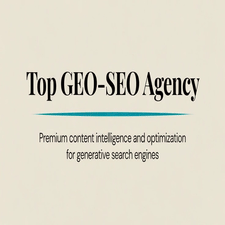 Beige webpage graphic with bold text Top GEO-SEO Agency and subtitle Premium content intelligence and optimization for generative search engines, with a blue line.3jdej38j3