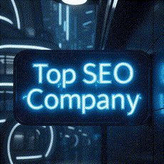 Glowing blue sign reading Top SEO Company in a dark, tech-themed setting.3jdej38j3