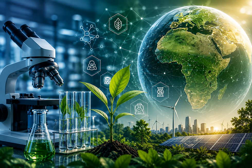 Landscape image with microscope, green liquid, plant in soil, and glowing Earth with Africa highlighted, symbolizing green science and sustainability.