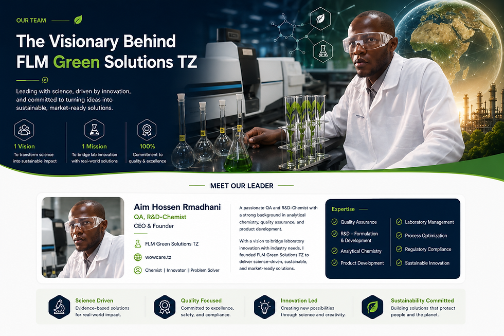 Wide landscape team profile graphic for FLM Green Solutions TZ, featuring the founder in a lab, stats, and expertise panels.