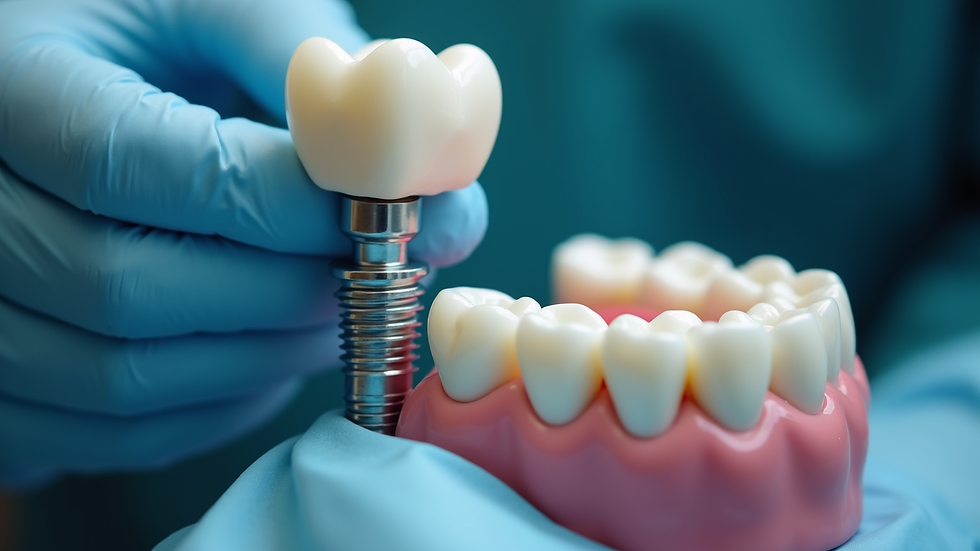 Close-up view of a dental implant crown being fitted onto an abutment