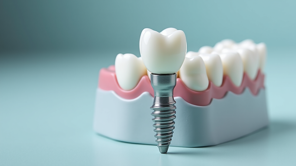Close-up view of a dental implant model showing the titanium post and crown