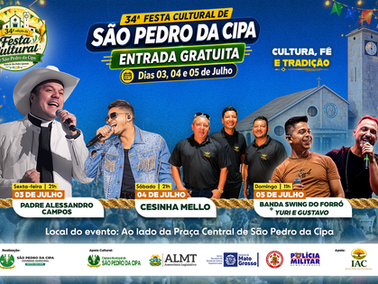 34ª Festa Cultural de São Pedro da Cipa terá Padre Alessandro Campos, Cesinha Mello e atrações regionais
