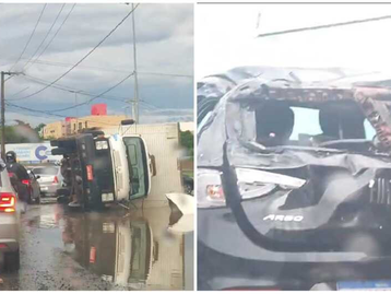 Caminhão tomba após batida com Argo em MT; veja vídeo