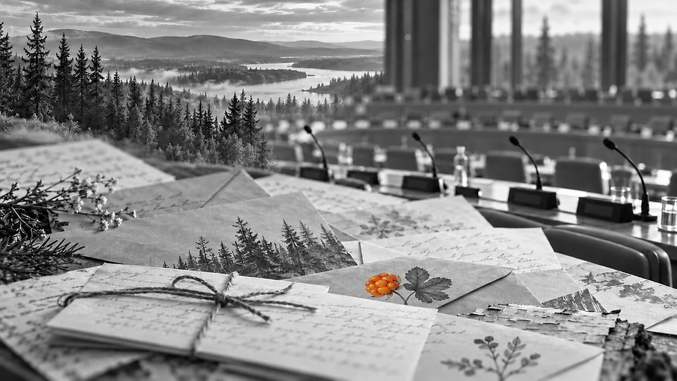 Editorial collage of letters of solidarity, a northern forest and an international conference hall; an amber cloudberry is the only color accent.