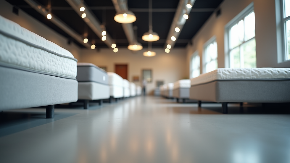Eye-level view of a mattress showroom with various mattress models