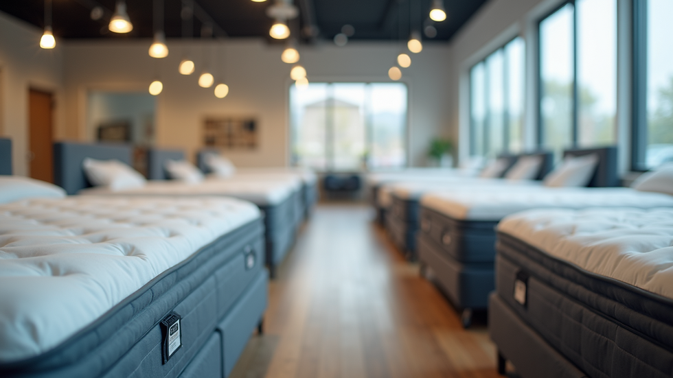 Eye-level view of mattress showroom with various mattress models
