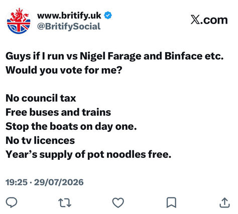 Guys if I run vs Nigel Farage and Binface etc. Would you vote for me?