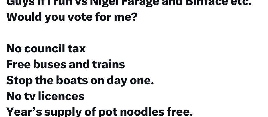 Guys if I run vs Nigel Farage and Binface etc. Would you vote for me?
