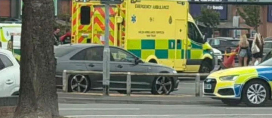 FOUR pedestrians and a driver have been rushed to hospital after a multi-car crash at a UK shopping centre.