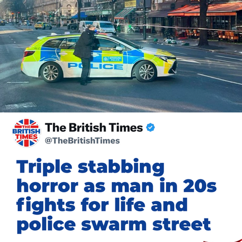 🚨 #BREAKING ‼️ 🔔 A man in his 20s is fighting for life after a horrific triple stabbing attack in a London street