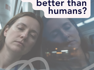 Person resting their head against a train window, with their reflection visible. Overlaid text reads: “Can AI write human stories better than humans?” and “An experiment in humanising complex work.