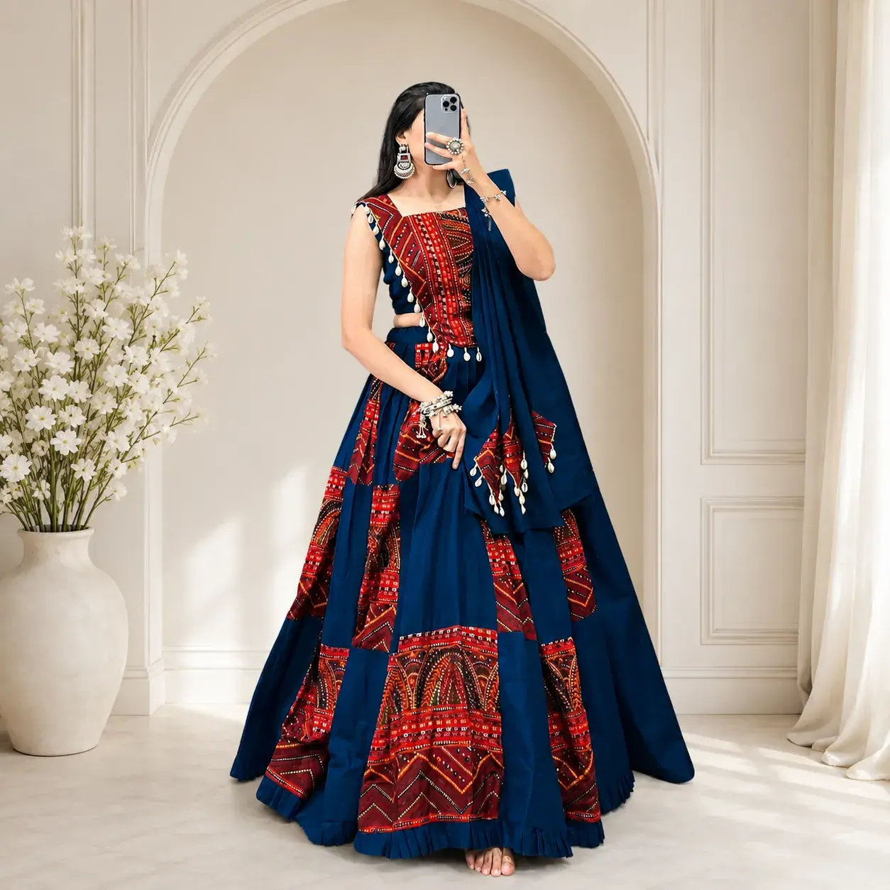 Royal Blue Printed Rayon Garba Lehenga Choli Set