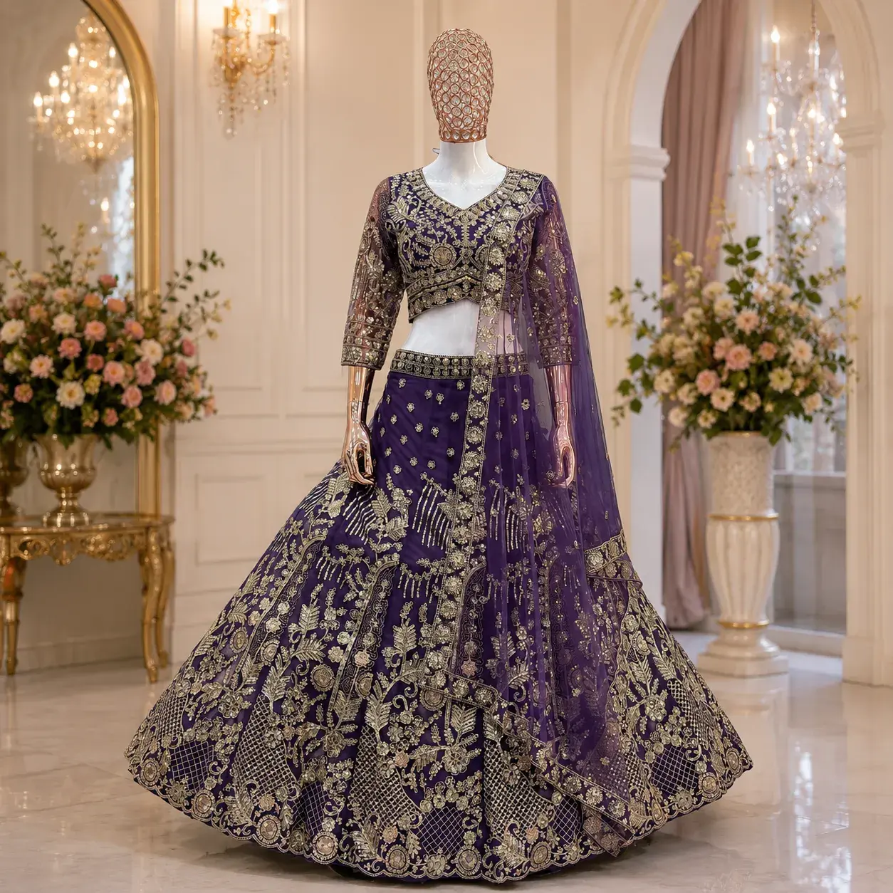 Purple Bridal Wear Butterfly Net Lehenga Choli with Sequins & Coding Embroidery