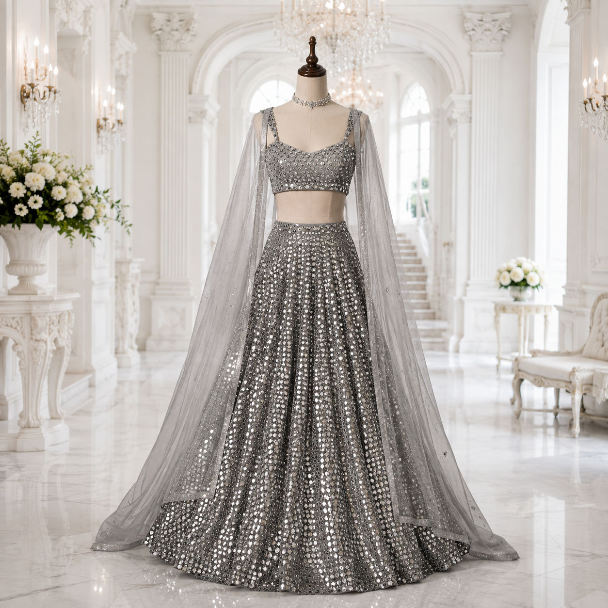 Grey Kasturi Crepe Silk Sequins Work Lehenga Choli with Glossy Organza Dupatta