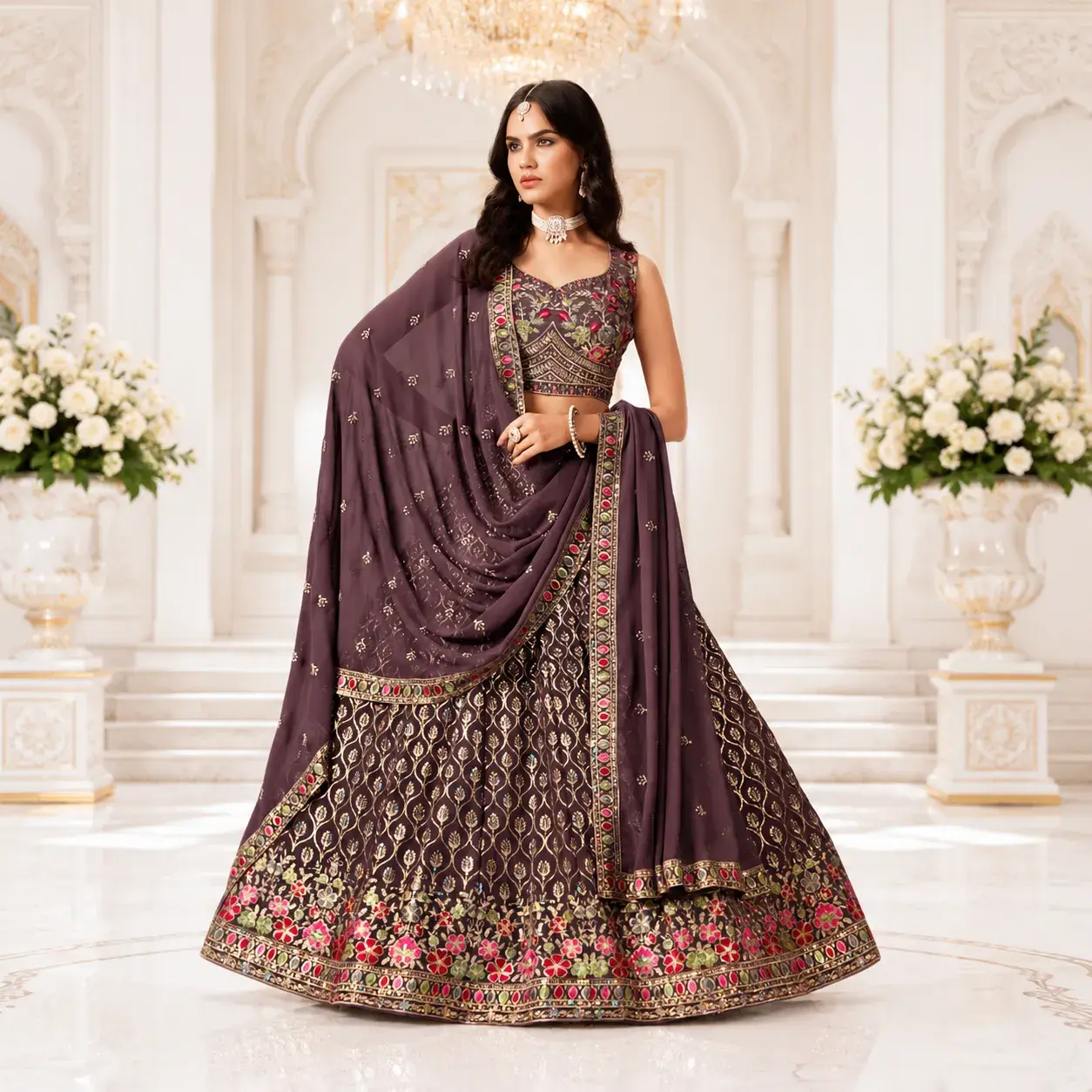 Deep Plum Georgette Embroidered Lehenga Choli with Thread, Zari & Sequins Work