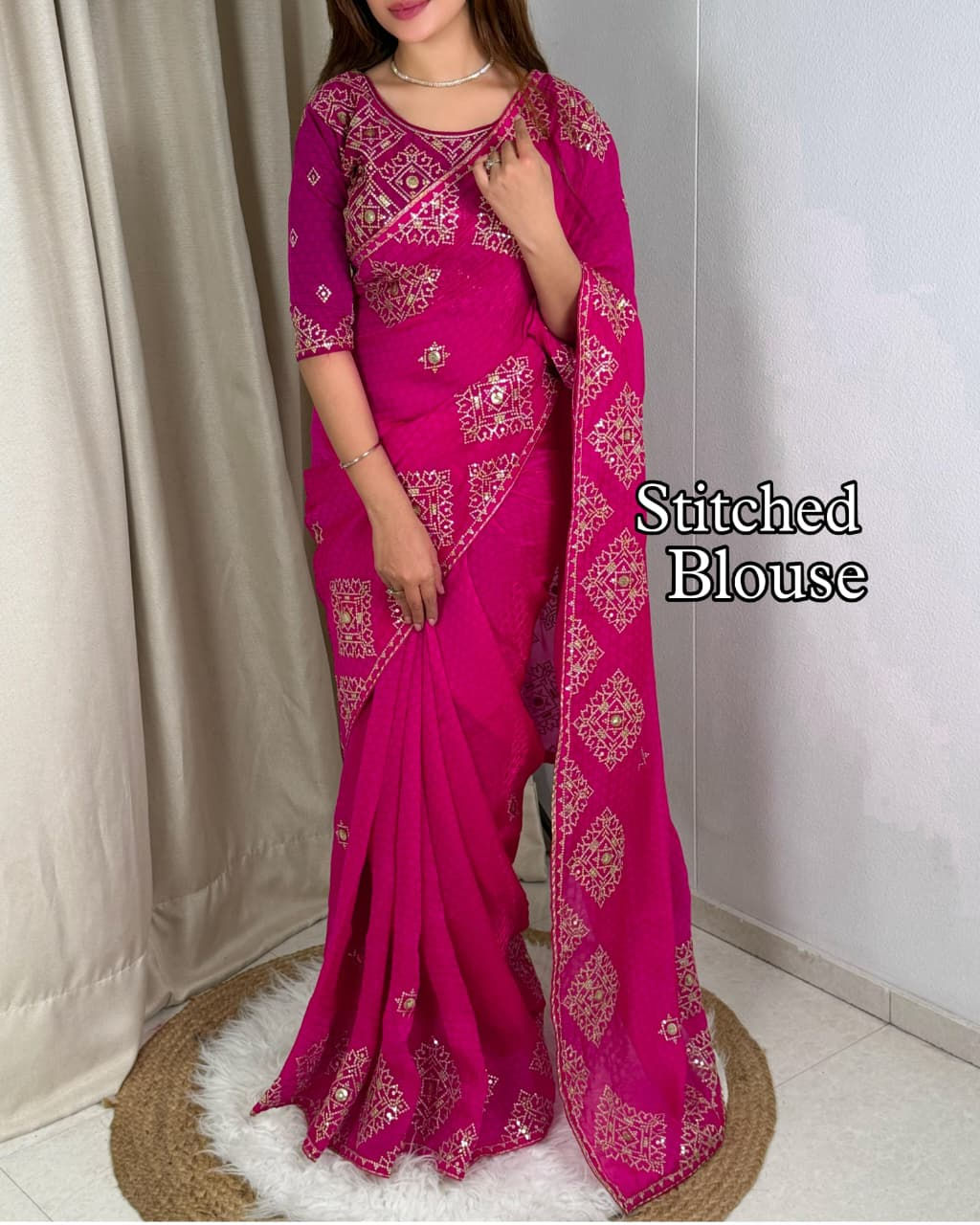 Designer Fandy Satin Self Jacquard Saree with Zari Embroidery & Sequins