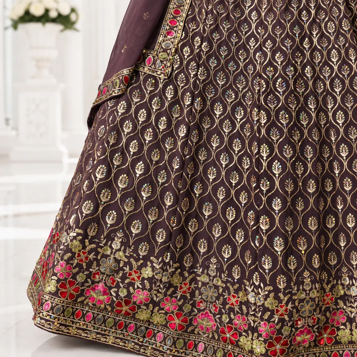 Deep Plum Georgette Embroidered Lehenga Choli with Thread, Zari & Sequins Work