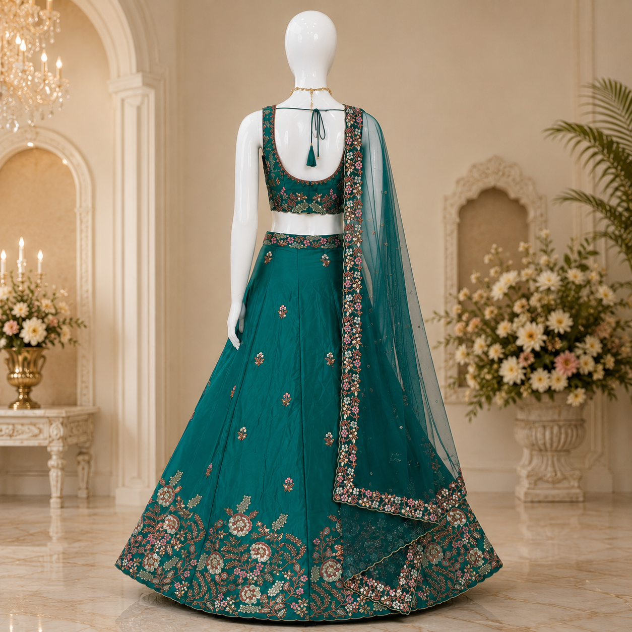 Teal Embroidered Semi-Stitched Lehenga Choli with Soft Net Dupatta